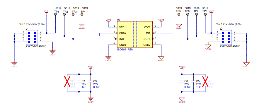 回路図 - Texas Instruments ISO6521REUEVM 評価モジュール